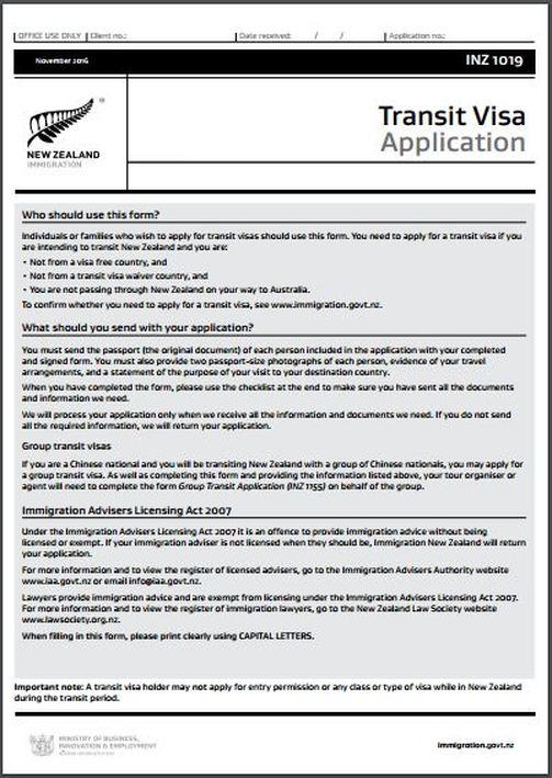 INZ1019 New Zealand ​Transit Visa Application Form www.immigrationtrust.co.nz