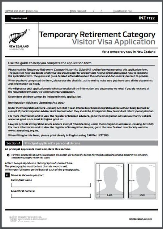 INZ1172 New Zealand Temporary Retirement Category Visitor Visa Application Form www.immigrationtrust.co.nz