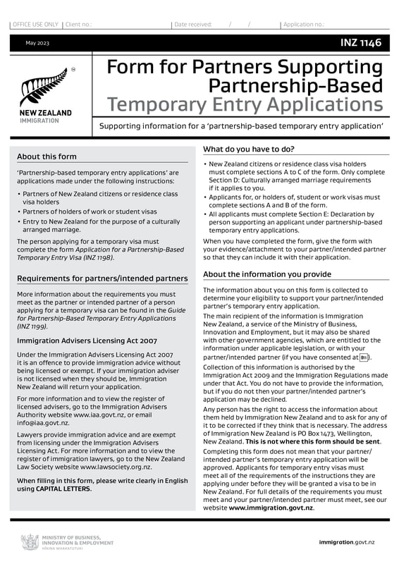 INZ1146 - Form for Partners Supporting Partnership-Based Temporary Entry Applications