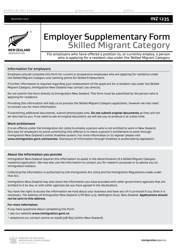 INZ1235 Employer Supplementary form Skilled Migrant Category