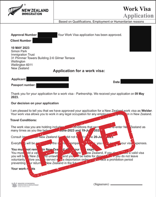 Fake work visa to New Zealand