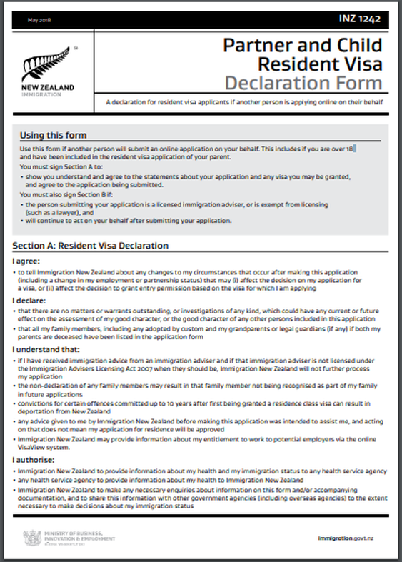 INZ1242 Partner and Child Resident Visa Declaration Form www.immigrationtrust.co.nz