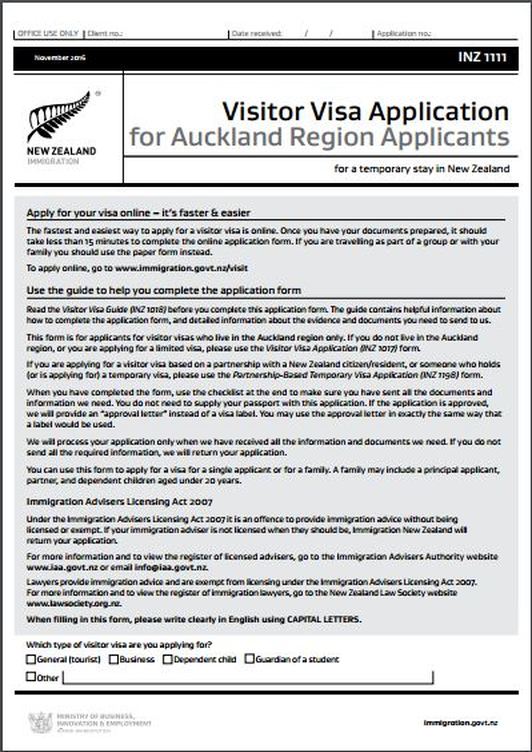 INZ1111 New Zealand Visitor Visa Application for Auckland Region Applicants Form www.immigrationtrust.co.nz