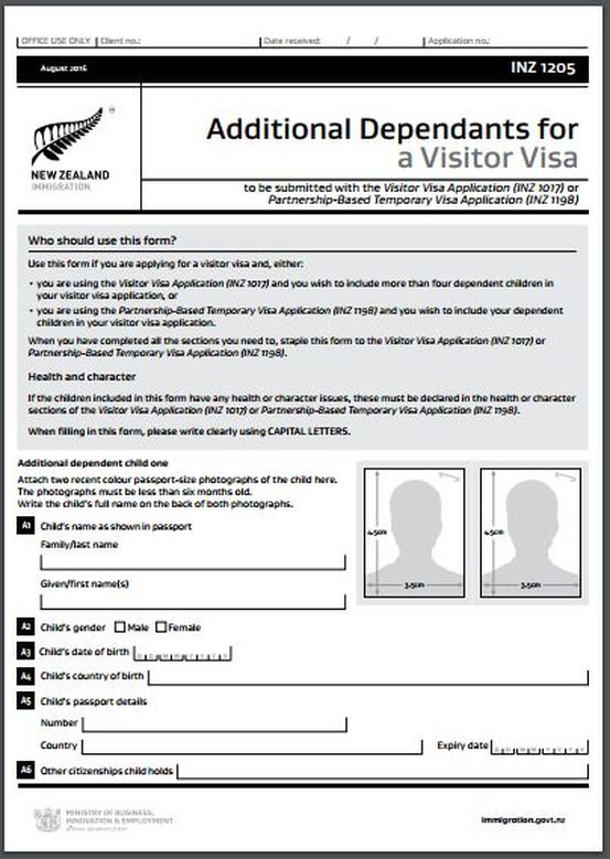 INZ1205 New Zealand Additional Dependants for a Visitor Visa Form www.immigrationtrust.co.nz