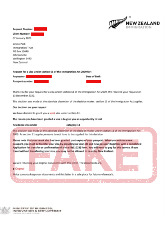 Fake Section 61 Approved Visa - Immigration New Zealand Immigration Trust