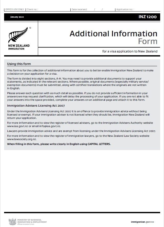 INZ1200 Additional Information Form New Zealand ​Group Visa Application Form www.immigrationtrust.co.nz
